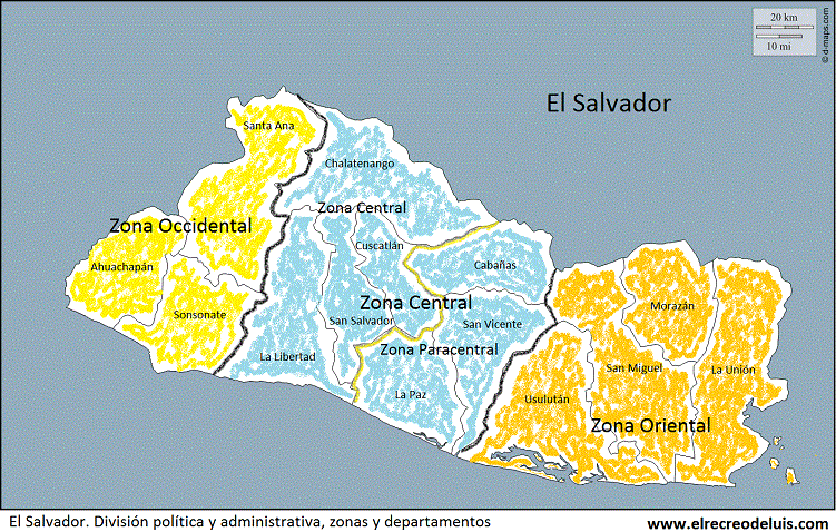Mapas-El Salvador-Division politica y administrativa, zonas y departamentos (119K)